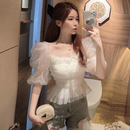 2021 Summer Women Square Collar Puff Sleeve Basic Ruffles Chic Shirt Sexy Lady Short Elastic Slim Mesh Gauze Chiffon Blouse Tops
