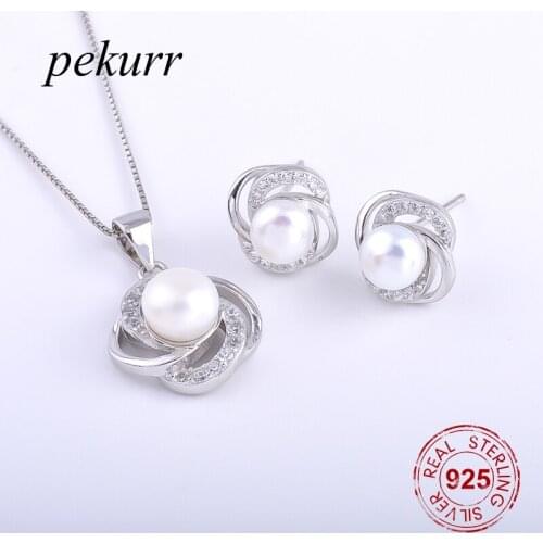 Pekurr 925 Sterling Silver Round Tropical Storm Freshwater Natural Pearl Earrings Necklace Sets For Women Swirl Pendants Jewelry