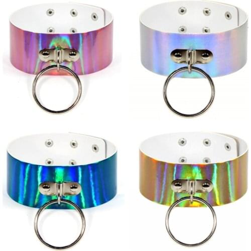 Harajuku Style Women Necklace Fashion Street Punk Laser Leather Metal Ring Pendant Collar Clavicle Chain Party Sexy Accessories