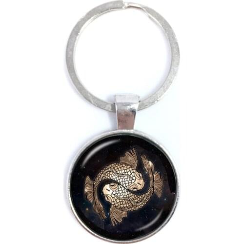 12 Zodiac Pisces Keychain Glass Cabochon Constellation Glass Dome Jewelry Key Holder Birthday, Star Sign, Horoscope Gift