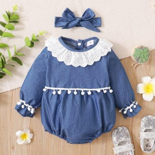 PatPat Baby 2pcs Blue Lace Ruffle Pompom Decor Long-sleeve Romper