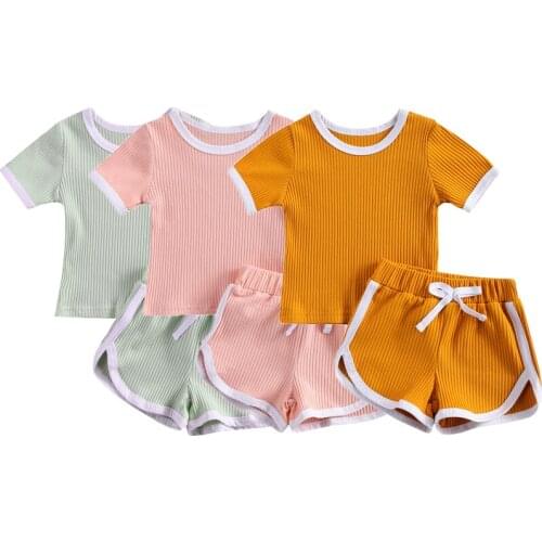 6M-3Years Lovely Infant Kids Girls Clothes Sets 0-3Y Solid Knit Short Sleeve Pullover T Shirts Tops Shorts 2pcs