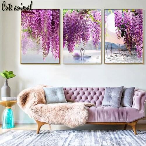 5D Full Round Drill Diamond Painting Purple flower tree swan lake landscape Diamond Embroidery Cross Stitch kit Mosaic Handmade