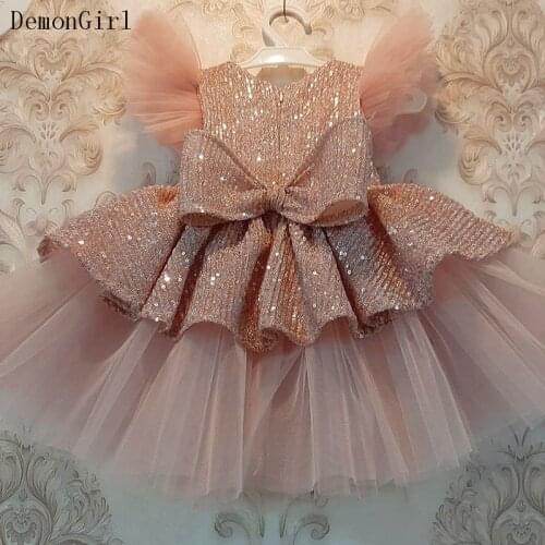 Glitter Sequined Girls Dresses with Bow Tulle Infant Girls Clothes Shiny Kids Birthday Dress Photoshoot
