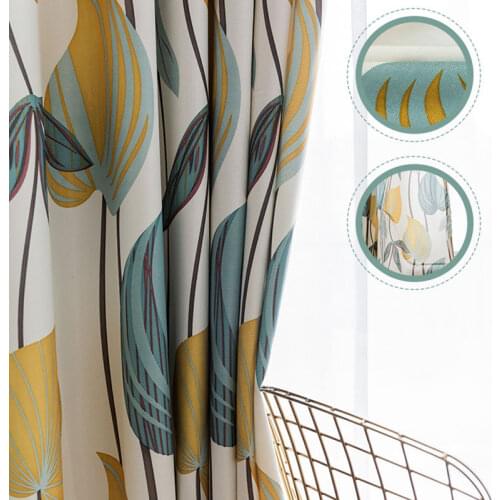 Blue and Yellow Leaf Curtains for Living Room Leave Print Semi-Sheer Mustard Yellow Kitchen Windows Drapes