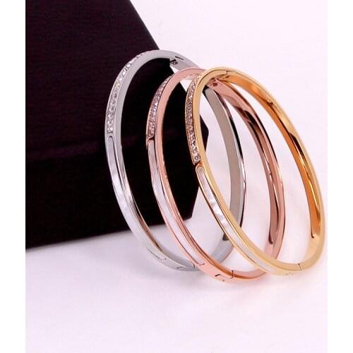 Stainless Steel Square Crystal Shell Screw Bangle Bracelet Rose Gold Color Female Woman Party Wedding Gift