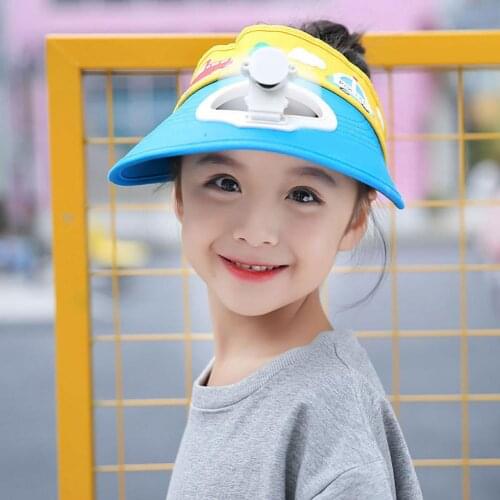 Children Sun Hats+Fan Cartoon Car Kids Summer Outdoor Anti-Sun Cap Wide Brim Hat with Cooling Fan Girls Boys Beach Play Hat