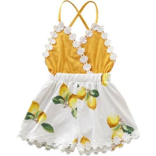 Toddler Baby Girls Lace Floral Lemon Romper Deep V-neck Sling Jumpsuit Outfit Kids Princess Clothes Strap Backless Romper 0-4Y
