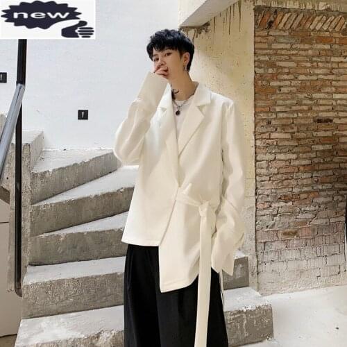 Designer Mens Irregular Lace Up Blazer Jacket Loose Fit Casual Suit Coat Harajuku Long Male Blazers High Street Jackets White
