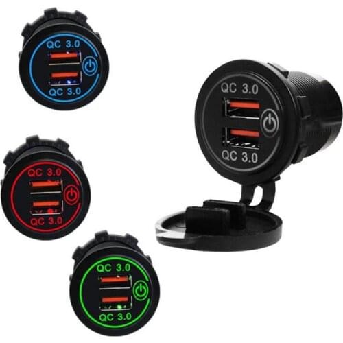 Dual USB with Touch Switch QC3.0 Fast Charging Car Phone Charger Red Blue Green 12-24V