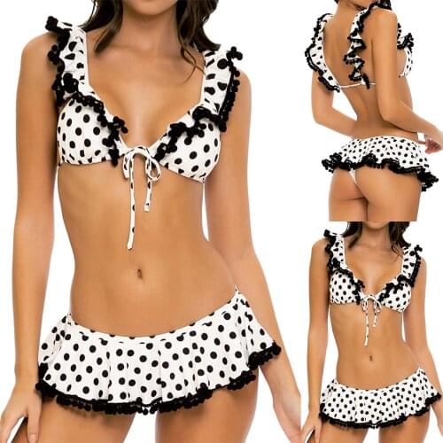 2-piece Polka Dot Printing Bikini Set Summer Sexy Beach Split Swimsuit Women Ruffles Bandage Deep V Underwear Bra+Short Skirt