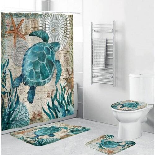Digital Printing Shower Curtain Set Polyester Sea Turtle Pattern Bathroom Accessories Set with Curtain Waterproof T121