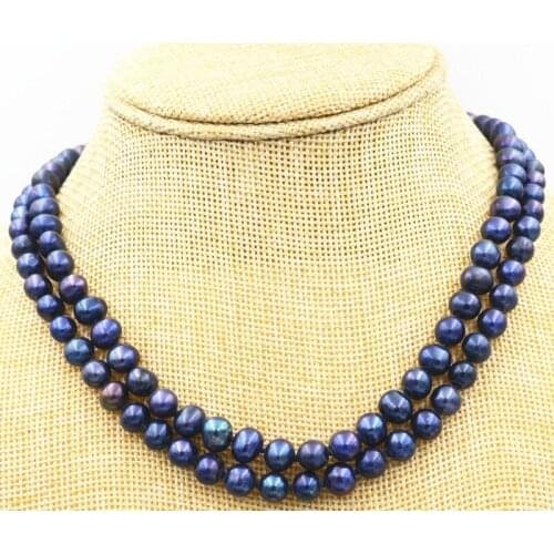 Beautiful 2 row 8-9mm Black Freshwater Pearl Necklace 17-18"