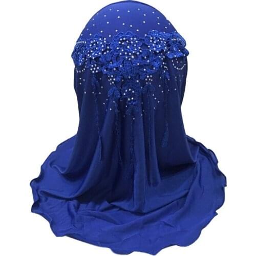 Lace Applique Muslim Practical Kids Hijab Cap With Rhinestone Islamic Girls Amira Cap Ready To Wear Scarf for Ages 2-7 Headwear