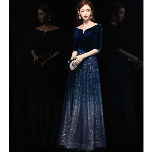 Fashion Luxury Velour Sequins Long Sleeve Evening Dress Banquet Elegant Prom Formal Gown Vestidos De Fiesta De Noche Cheongsam