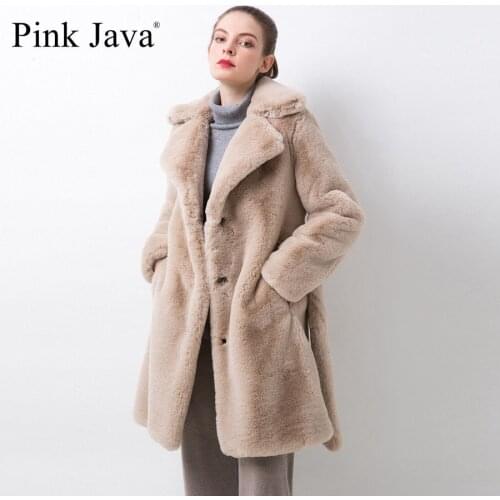 PINK JAVA QC20048 new arrival women winter coat faux fur long coat fake rabbit fur overcoat