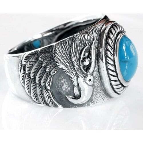 New S925 pure silver jewelry male eagle natural stone male ring, personality domineering Thai silver vintage ring