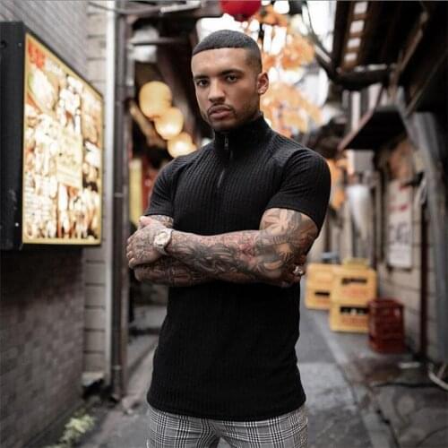 New Summer Stripe Knitted Short Sleeve T Shirts Men Gym Fitness Clothing Slim Fit Zipper Stand Tshirt Bodybuilding tee shirts