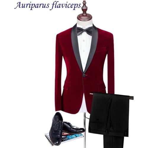 New Velvet Suit Men 2020 Slim Fit Wedding Suits For Men Shawl Collar High Quality Burgundy Tuxedo For Prom (Jacket+Black Pant)