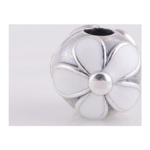 Original S925 Sterling Silver White Enamel Daisy Clip Bead Fits European Style Pandora Charm Bracelets & Necklaces KT074B-N