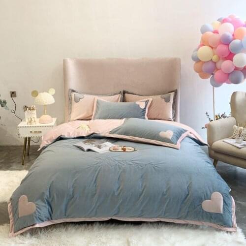 Luxury Fleece fabric Bedding Sets Pink love Home Textile Light blue Bedding High-density Bed linen Double bed Duvet Cover Sheet