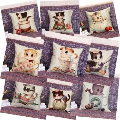 Cute Cartoon Cat Printing Linen Office Sofa Decorative Pillows No Core Cushion Linen Pillow Coussin
