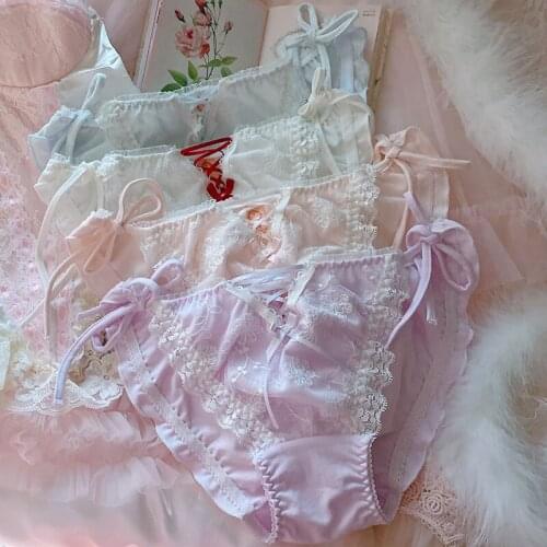 Japanese soft hollow out, lovely and sweet sister wear ribbon cotton lace lace strap girl sexy underwear fat