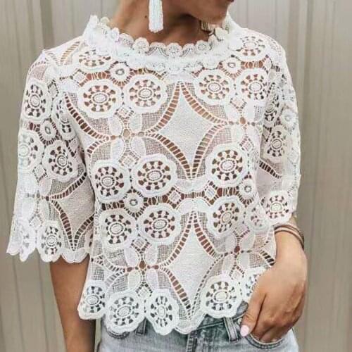 Women High Collar Lace Hollowing Out Half Sleeve T-shirt Blouse Tops Fashion Casual Daily All-match Lovely Girls White T-shirt
