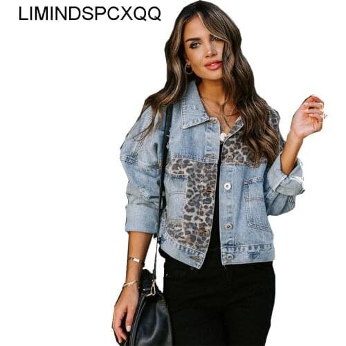 Leopard Splicing Womens Denim Jackets 2021 Spring Autumn Harajuku Short Jean Clothing Hole Street Style Tops Cropped Chaqueta