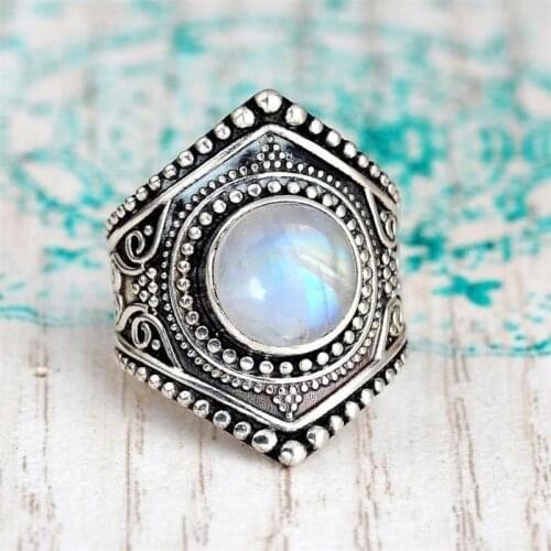 Vintage Womens Silver Color Boho Moonstone Rings for Women Statement Birthstone Ring Fashion Jewelry