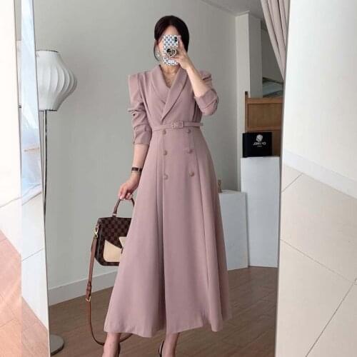 French Style Elegant Double Breasted Belted Sashes Women Suit Dress Autumn Office Long Sleeve Slim Waist Female Dress 2021 New
