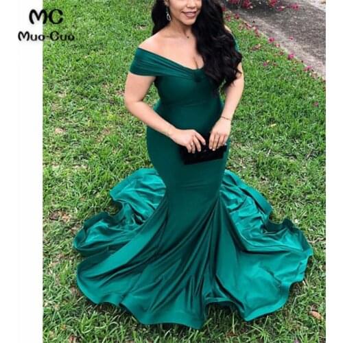Teal 2018 Mermaid Evening Dresses Short Sleeve Elastic Satin Zipper Off Shoulder Prom Gown Formal Evening Dress