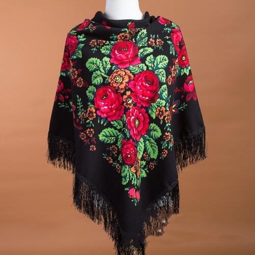 135*135cm Women Russian Style Square Scarf Retro Floral Pattern Fringed Head Wraps Hijab Ladies Russian National Blanket Shawl