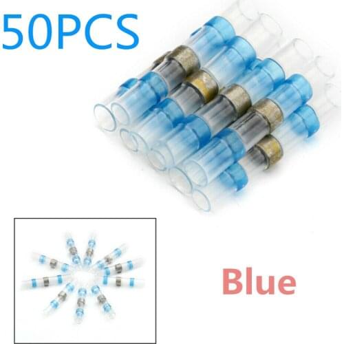 50Pcs AWG16-14 Blue Seal Soldering Sleeve Heat Shrink Butt Terminal Electrical Wire Connector Kit Waterproof Insulated