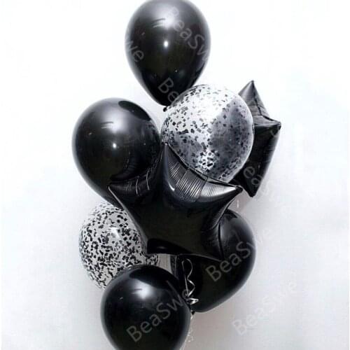9pcs/lot 18 inch black star foil helium balloons+12 inch transparent confetti latex globos theme adult wedding birthday decor