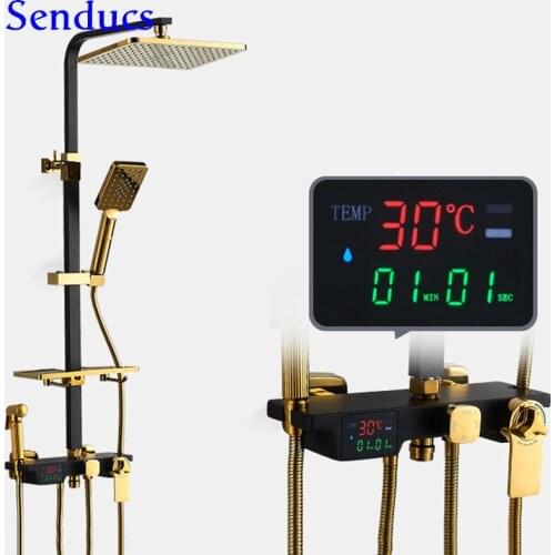 Digital Shower System Senducs Black Gold Thermostatic Bathroom Shower System Temperature Display Bath Digital Shower Mixer Set