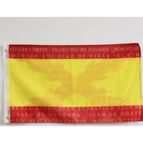 Flag of Spain with the shadow of the Cross of Burgundy and the name of great Spanish soldiers soldiers and conquerors of history