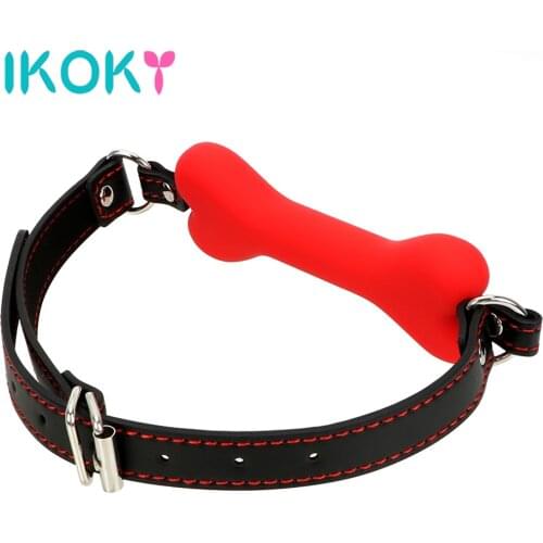 IKOKY Couples Flirting Adult Games Mouth Plug Silicone Dog Bone Ball Gag Leather Harness Mouth Sex Products