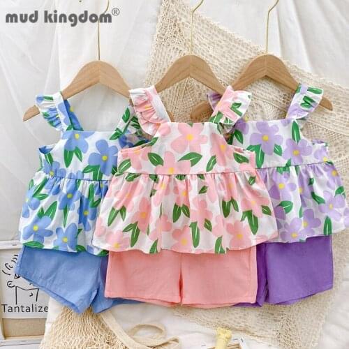 Mudkingdom Girls Sling Shorts Set Floral Sleeveless Vest Tops Solid Pants 2pcs Sets for Toddles Summer Kids Clothes Outfits