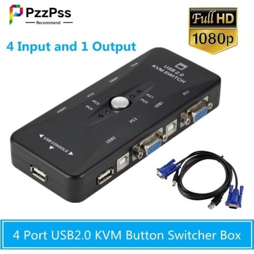PzzPss 4 Port KVM Switch USB 2.0 VGA Splitter Printer Mouse Keyboard Pendrive Share Switcher 1920 * 1440 VGA Switch Box Adapter