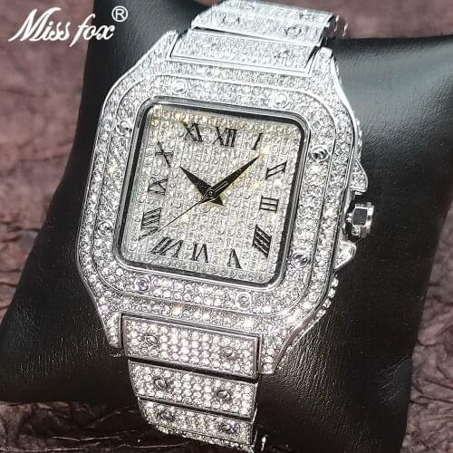MISSFOX Mens Watches Hip Hop Baguette Diamond Top Brand Luxury AAA Quartz Male Square Wrist Watch Man Bust Down Jewelry Clocks