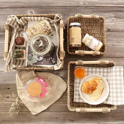 New Desktop Wicker Nordic Basket Kitchen Accessories Organizer Box Seagrass Pantry Storage Basket with Wood Handle Rattan Box