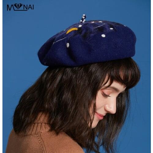 Hat Novelty Creative Handmade Wool Felt Starry Night Beret Hat Retro Blue Painter Street Fashion Soft Autumn Winter Hats