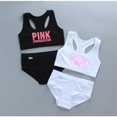 New Style Of Pure Cotton Girls Bra Set Small Vest Underwear Suspenders Sports Underwear PINK Letter Style 8-16Y