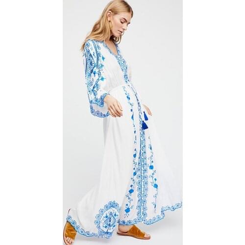 Boho Blue White Embroidery Maxi Dress Women Casual V-neck Ties Waist Cotton A-line Summer Dresses Long Cardigan Gypsies Vestidos