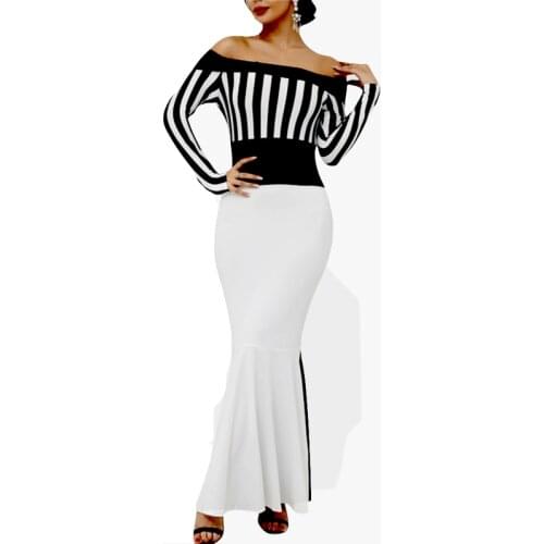 MISSJOY Women Sexy Formal Party Bodycon Dress Off Shoulder Colorblock Striped Evening Gown Dresses Elegant Mermaid Vestidos Robe
