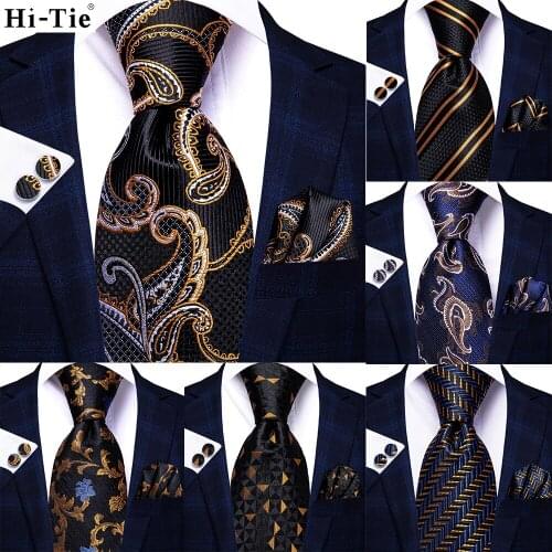 Hi-Tie Black Gold Paisley Silk Wedding Nicktie For Men Striped Hanky Cufflinks Gift Mens Nicktie Set Business Party Dropshipping