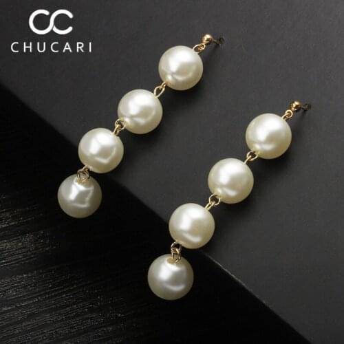 CHUCARI New Fashion Charm Big Simulated Pearl Long Earrings for Women Statement Stud Earrings for Wedding Party Office Lady Gift