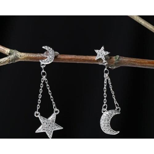 925 Sterling Silver Asymmetry Tassel Star Moon Earrings For Women Wedding Party Jewelry Oorbellen Pendientes eh1272