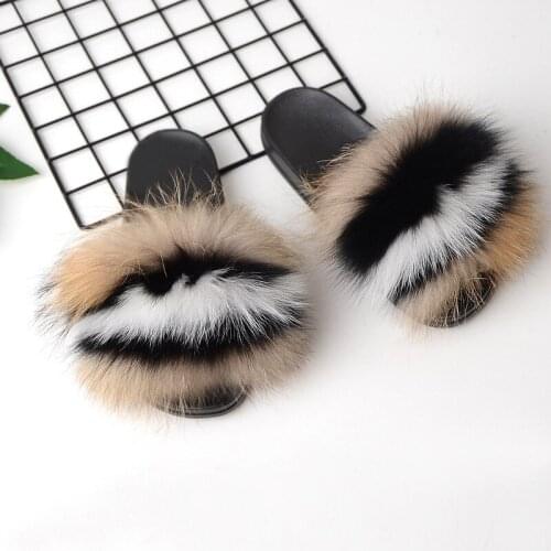 Womens Real Fox Fur Slides Girls Warm Fluffy Fur Slippers Female luxury Fur Flip Flops Ladies Furry Flat Sandals Woman Shoes